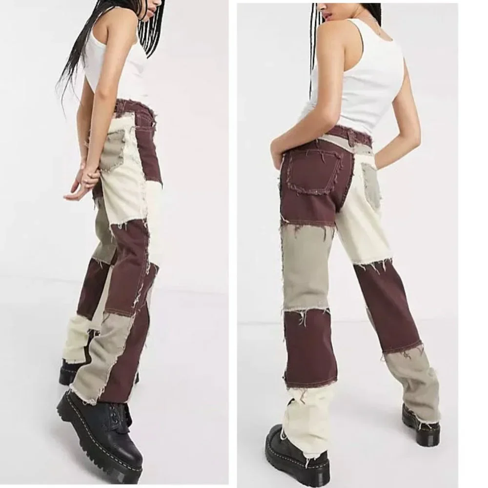 Jaded London Womens High Waisted Brown Patchwork Denim Jeans Pants NWT